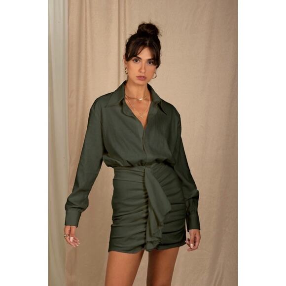 Rayane Bacha Ipanema Linen Mini Shirt Dress Long Sleeve Drape XL Olive Green - Picture 1 of 10